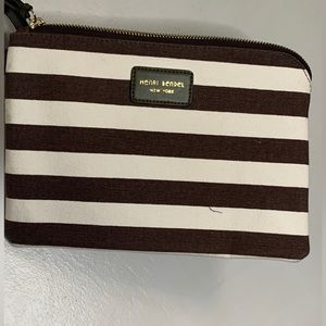 Henri Bendel Signature Stripe Zip Wrist Pouch. Brown & white. Green accents